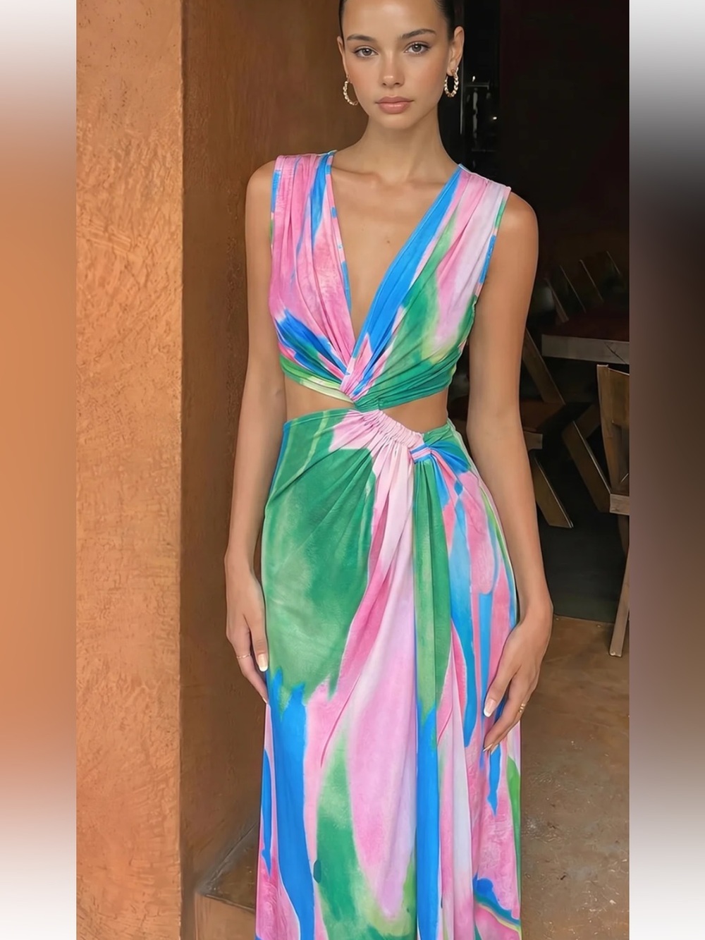 Commense Twist Cutout Sleeveless Tie Dye Maxi Dress